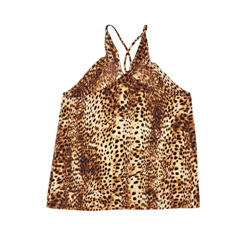 Worthington Women Cheetah Print Strappy Tank Top Size Small Brown Crisscross - Picture 2 of 6